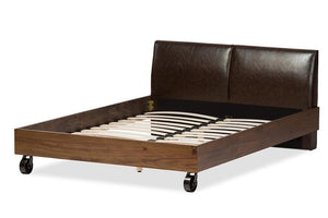 Baxton Studio Brooke Rustic Industrial Walnut Wood Distressed Faux Leather Dark Bronze Metal Queen Size Platform Bed