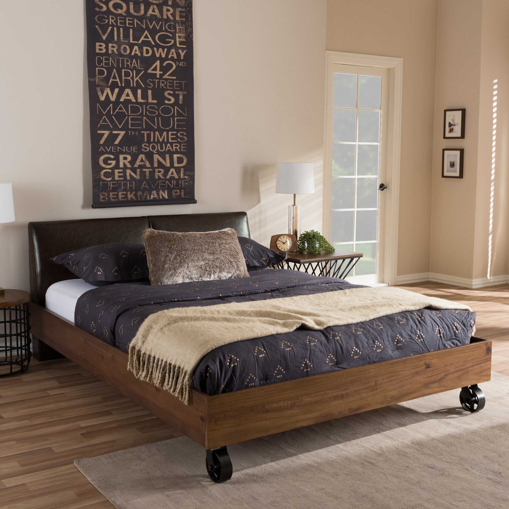 Baxton Studio Brooke Rustic Industrial Walnut Wood Distressed Faux Leather Dark Bronze Metal King Size Platform Bed