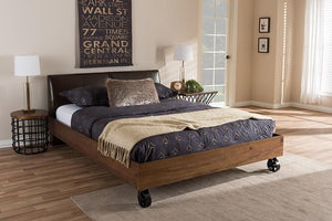 Baxton Studio Brooke Rustic Industrial Walnut Wood Distressed Faux Leather Dark Bronze Metal Full Size Platform Bed