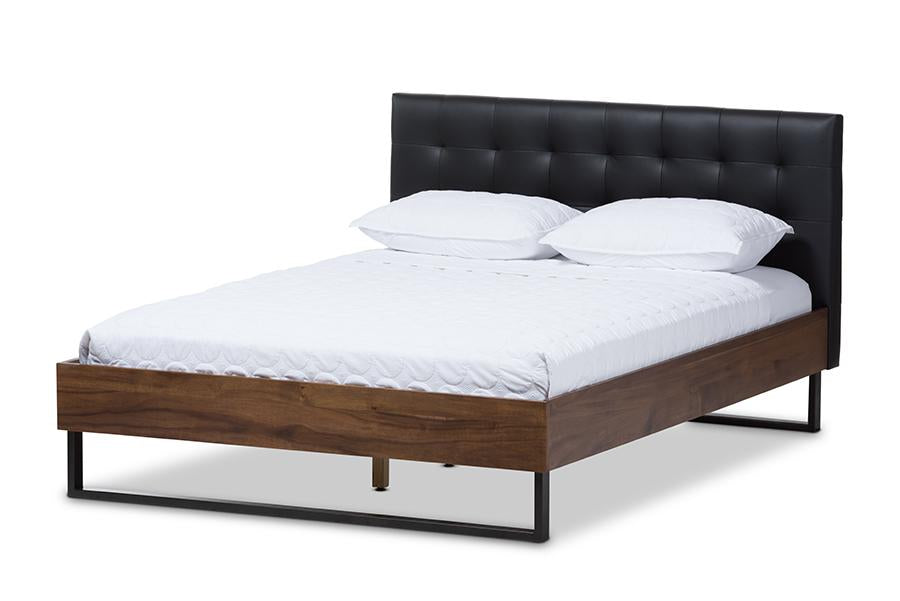 Baxton Studio Mitchell Rustic Industrial Walnut Wood Black Faux Leather Dark Bronze Metal Full Size Platform Bed