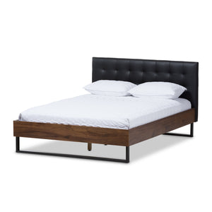 Baxton Studio Mitchell Rustic Industrial Walnut Wood Black Faux Leather Dark Bronze Metal King Size Platform Bed