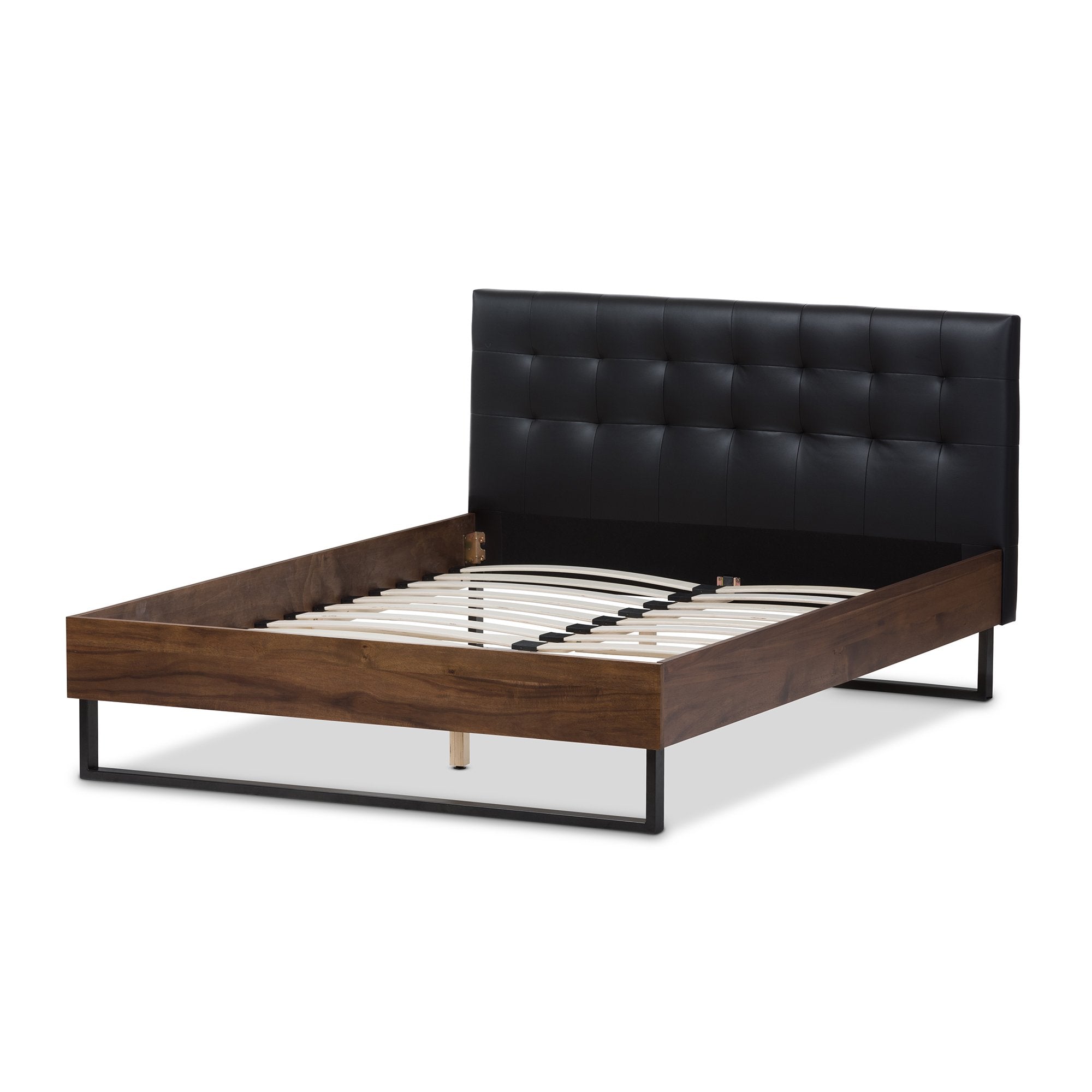 Baxton Studio Mitchell Rustic Industrial Walnut Wood Black Faux Leather Dark Bronze Metal Queen Size Platform Bed