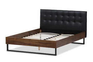 Baxton Studio Mitchell Rustic Industrial Walnut Wood Black Faux Leather Dark Bronze Metal Full Size Platform Bed