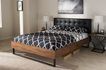 Baxton Studio Mitchell Rustic Industrial Walnut Wood Black Faux Leather Dark Bronze Metal Queen Size Platform Bed