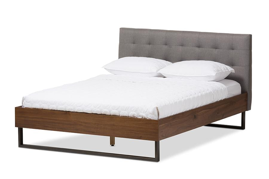 Baxton Studio Mitchell Rustic Industrial Walnut Wood Grey Fabric Dark Bronze Metal Full Size Platform Bed