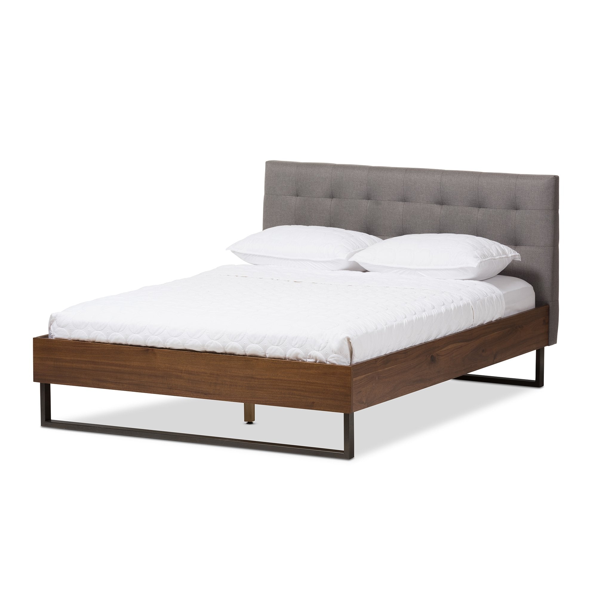 Baxton Studio Mitchell Rustic Industrial Walnut Wood Grey Fabric Dark Bronze Metal Queen Size Platform Bed