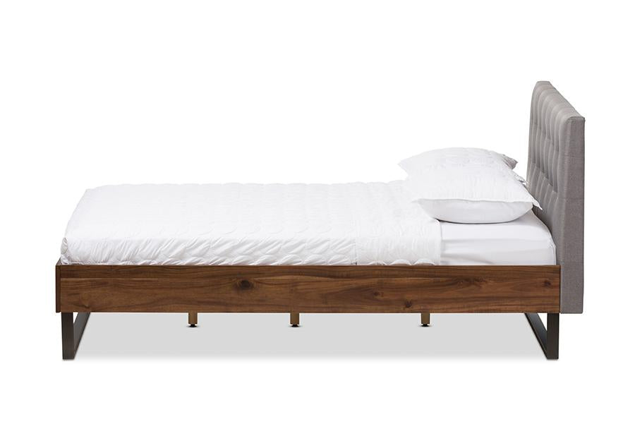 Baxton Studio Mitchell Rustic Industrial Walnut Wood Grey Fabric Dark Bronze Metal Queen Size Platform Bed