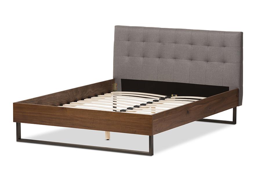 Baxton Studio Mitchell Rustic Industrial Walnut Wood Grey Fabric Dark Bronze Metal Queen Size Platform Bed