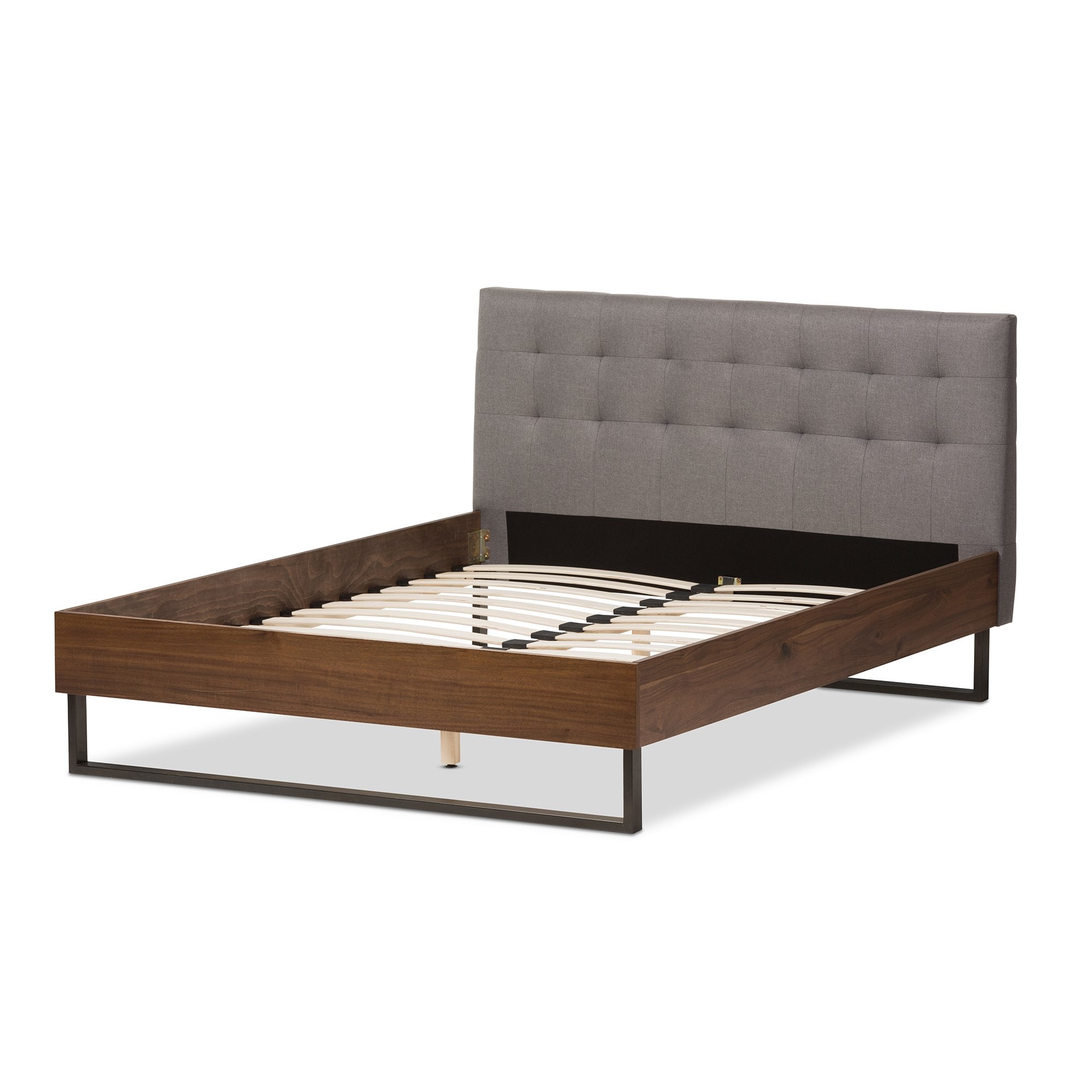 Baxton Studio Mitchell Rustic Industrial Walnut Wood Grey Fabric Dark Bronze Metal King Size Platform Bed