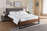 Baxton Studio Mitchell Rustic Industrial Walnut Wood Grey Fabric Dark Bronze Metal King Size Platform Bed