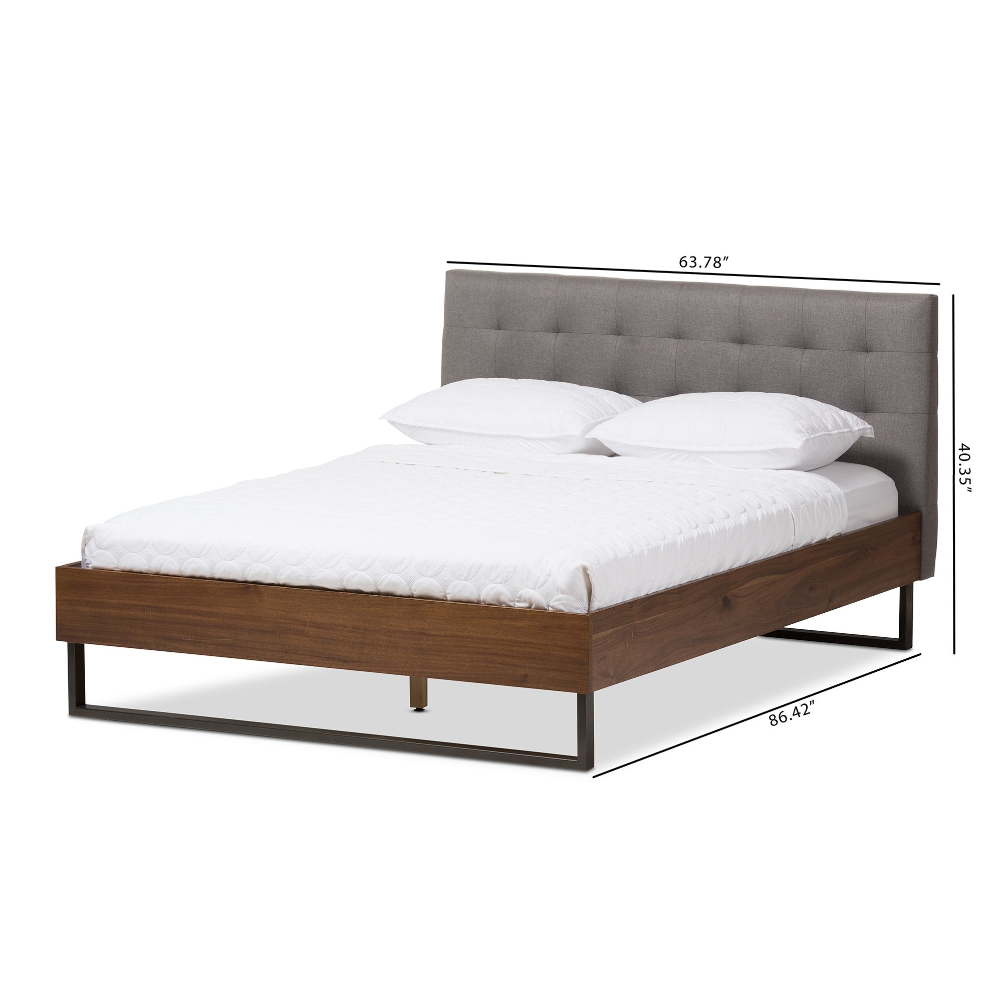 Baxton Studio Mitchell Rustic Industrial Walnut Wood Grey Fabric Dark Bronze Metal Queen Size Platform Bed