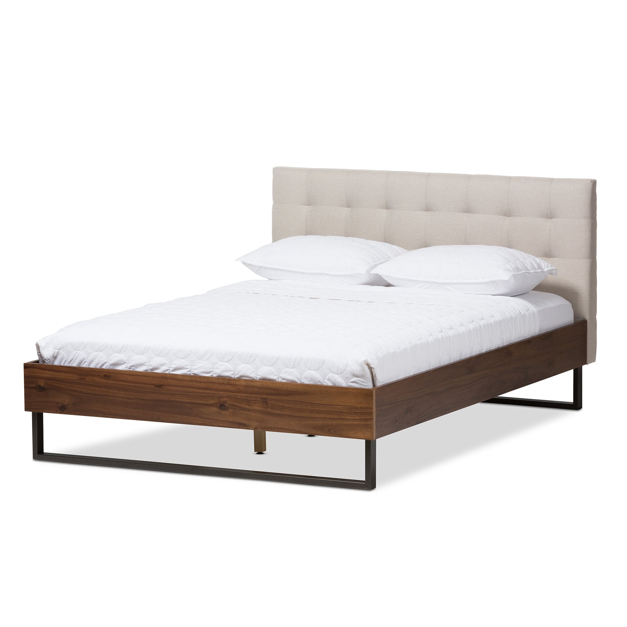 Baxton Studio Mitchell Rustic Industrial Walnut Wood Beige Fabric Dark Bronze Metal Queen Size Platform Bed