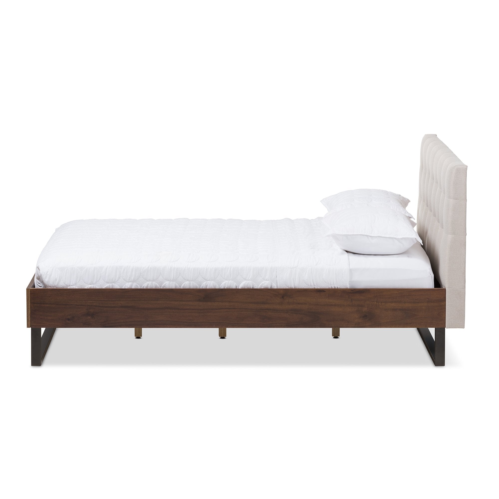 Baxton Studio Mitchell Rustic Industrial Walnut Wood Beige Fabric Dark Bronze Metal Full Size Platform Bed