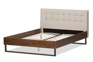 Baxton Studio Mitchell Rustic Industrial Walnut Wood Beige Fabric Dark Bronze Metal Full Size Platform Bed