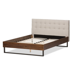 Baxton Studio Mitchell Rustic Industrial Walnut Wood Beige Fabric Dark Bronze Metal Full Size Platform Bed