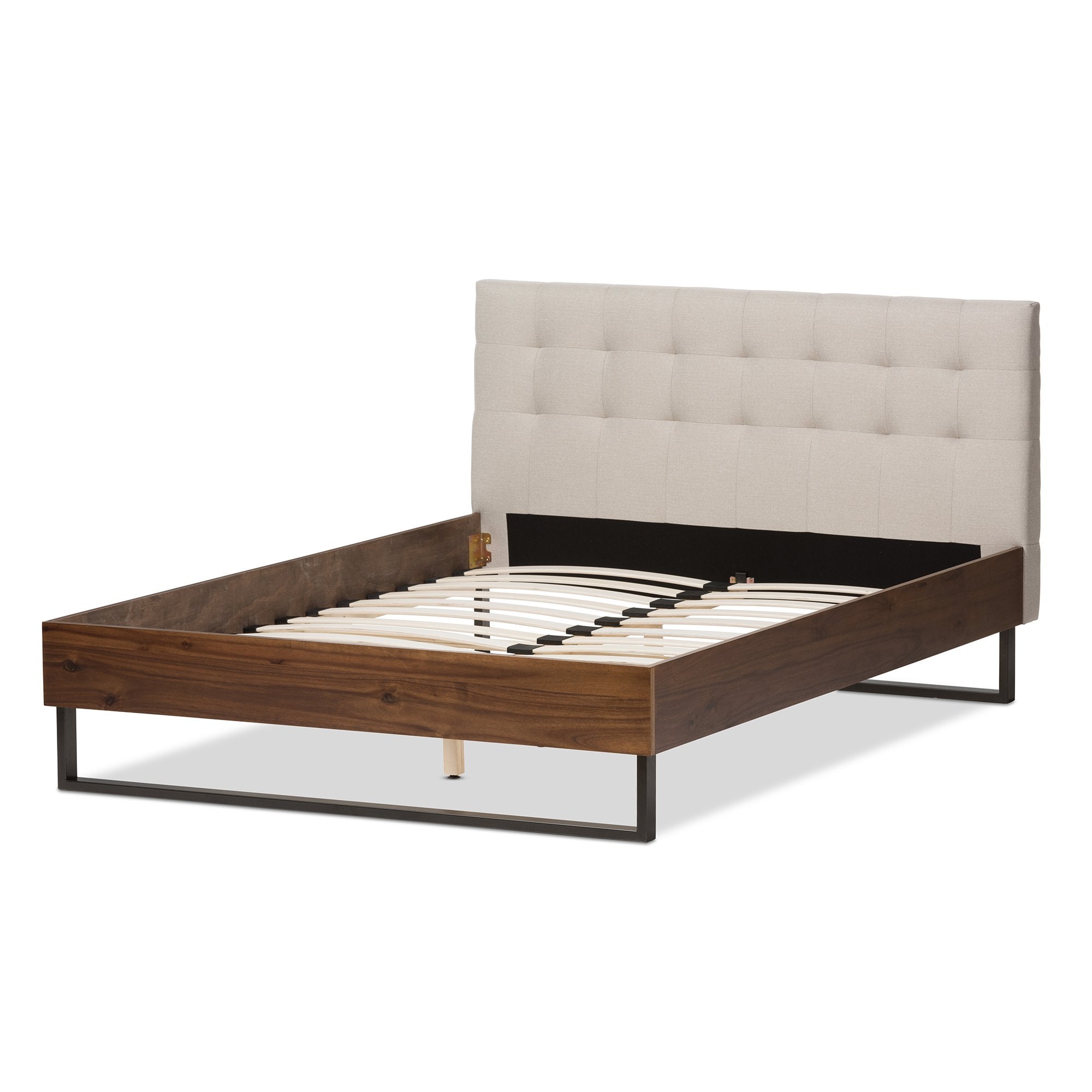 Baxton Studio Mitchell Rustic Industrial Walnut Wood Beige Fabric Dark Bronze Metal King Size Platform Bed