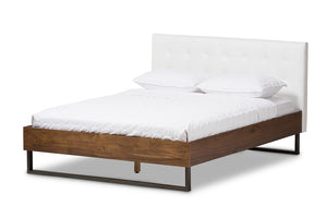 Baxton Studio Mitchell Rustic Industrial Walnut Wood White Faux Leather Dark Bronze Metal Full Size Platform Bed