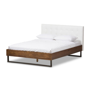 Baxton Studio Mitchell Rustic Industrial Walnut Wood White Faux Leather Dark Bronze Metal Full Size Platform Bed