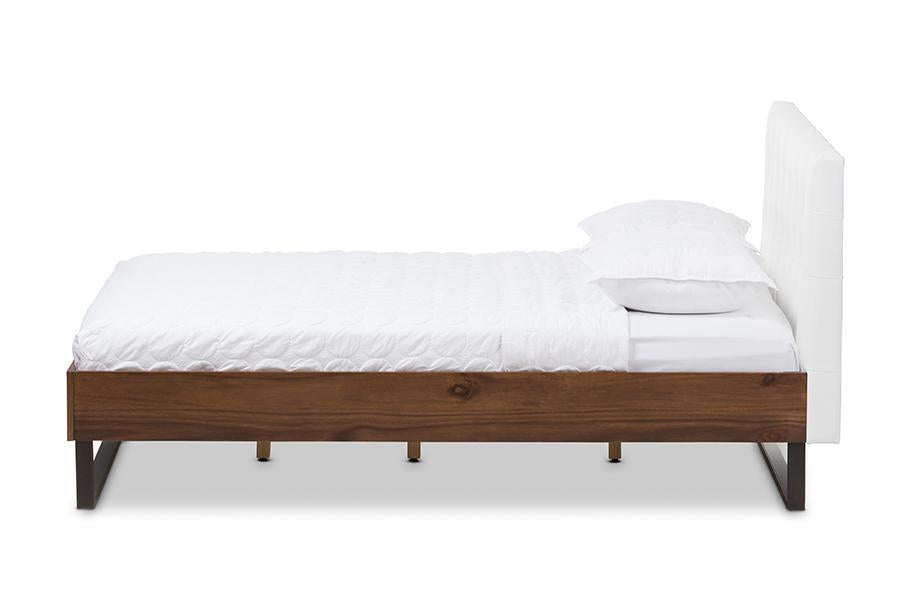 Baxton Studio Mitchell Rustic Industrial Walnut Wood White Faux Leather Dark Bronze Metal Full Size Platform Bed