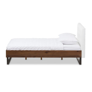 Baxton Studio Mitchell Rustic Industrial Walnut Wood White Faux Leather Dark Bronze Metal Full Size Platform Bed