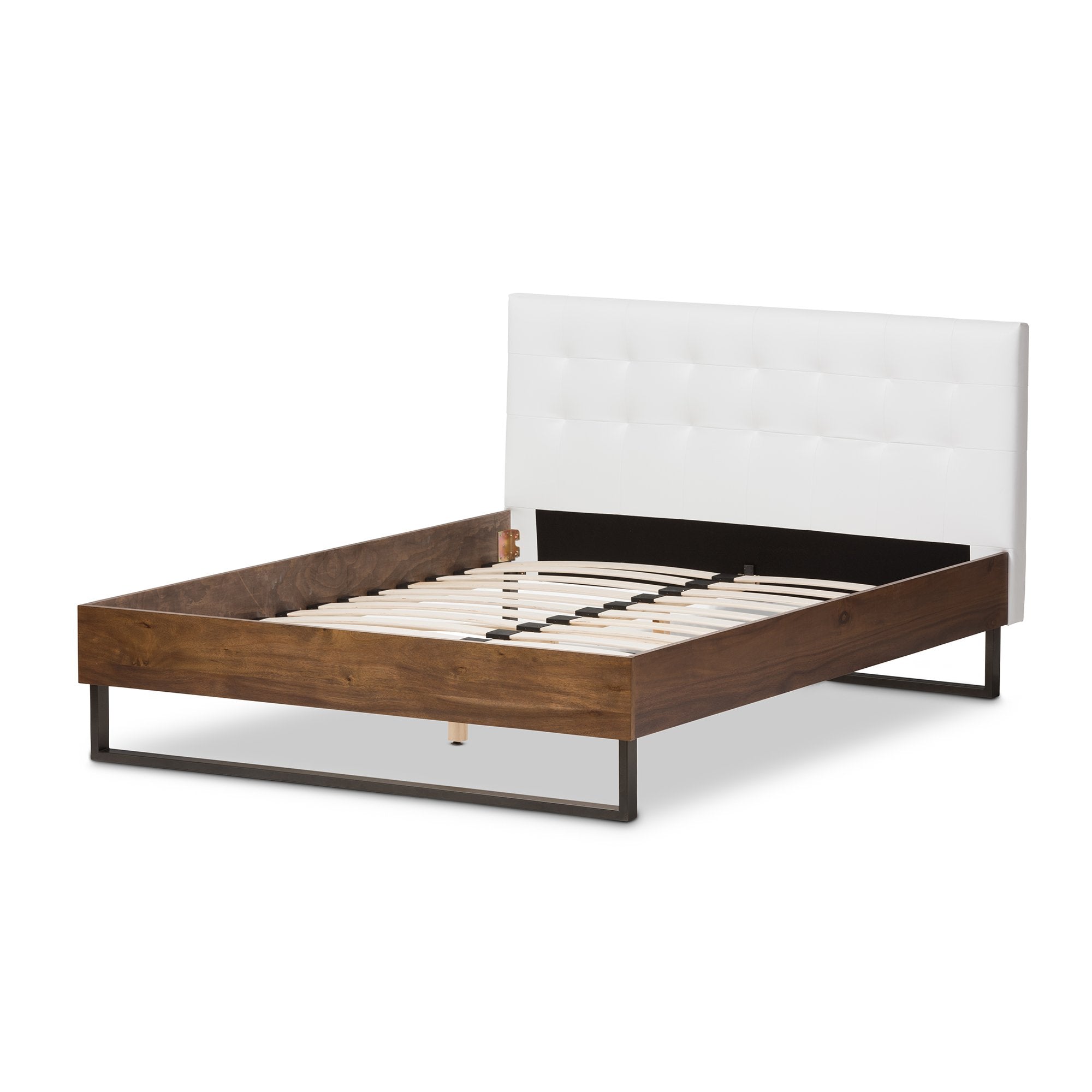 Baxton Studio Mitchell Rustic Industrial Walnut Wood White Faux Leather Dark Bronze Metal Full Size Platform Bed