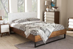 Baxton Studio Mitchell Rustic Industrial Walnut Wood White Faux Leather Dark Bronze Metal Full Size Platform Bed