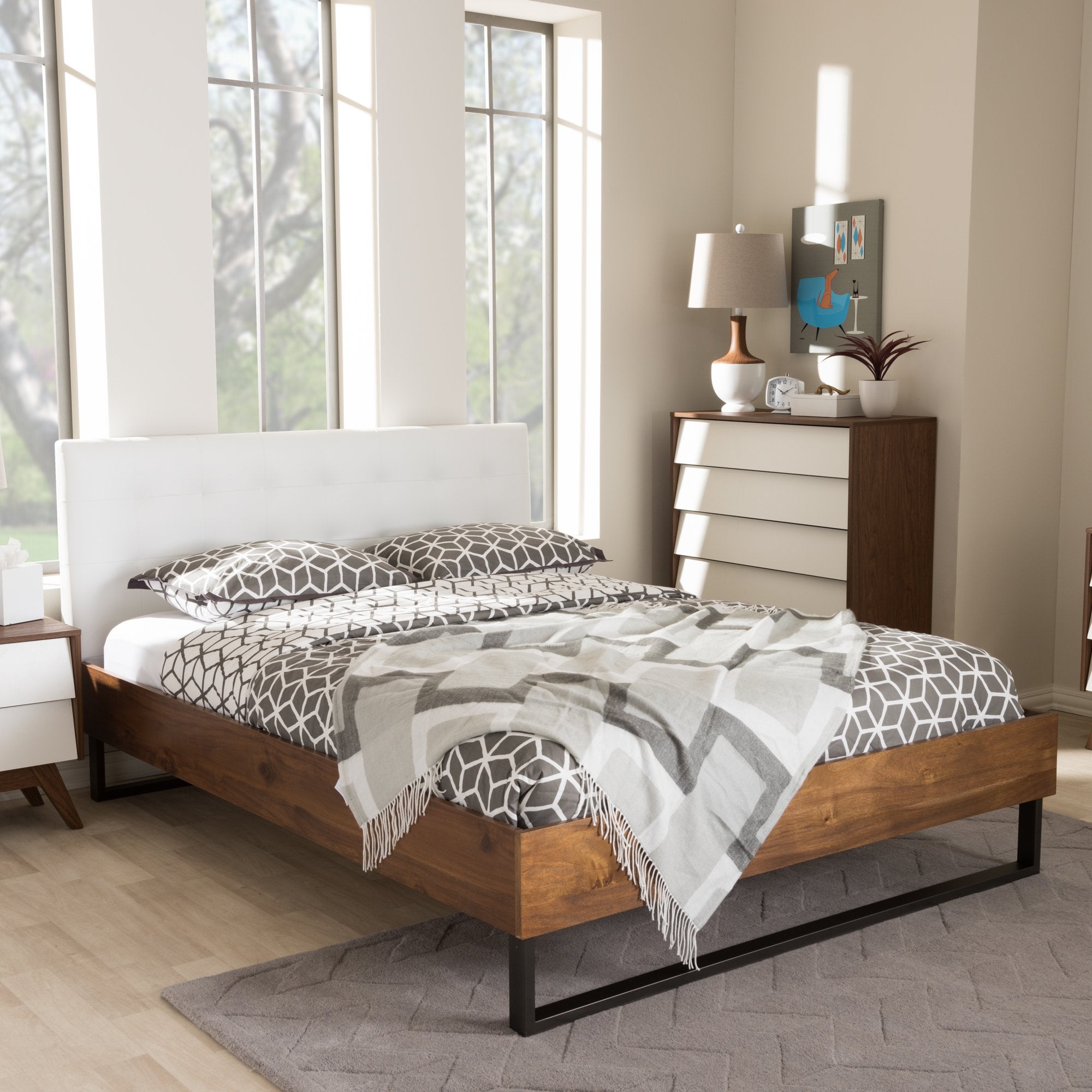 Baxton Studio Mitchell Rustic Industrial Walnut Wood White Faux Leather Dark Bronze Metal Queen Size Platform Bed