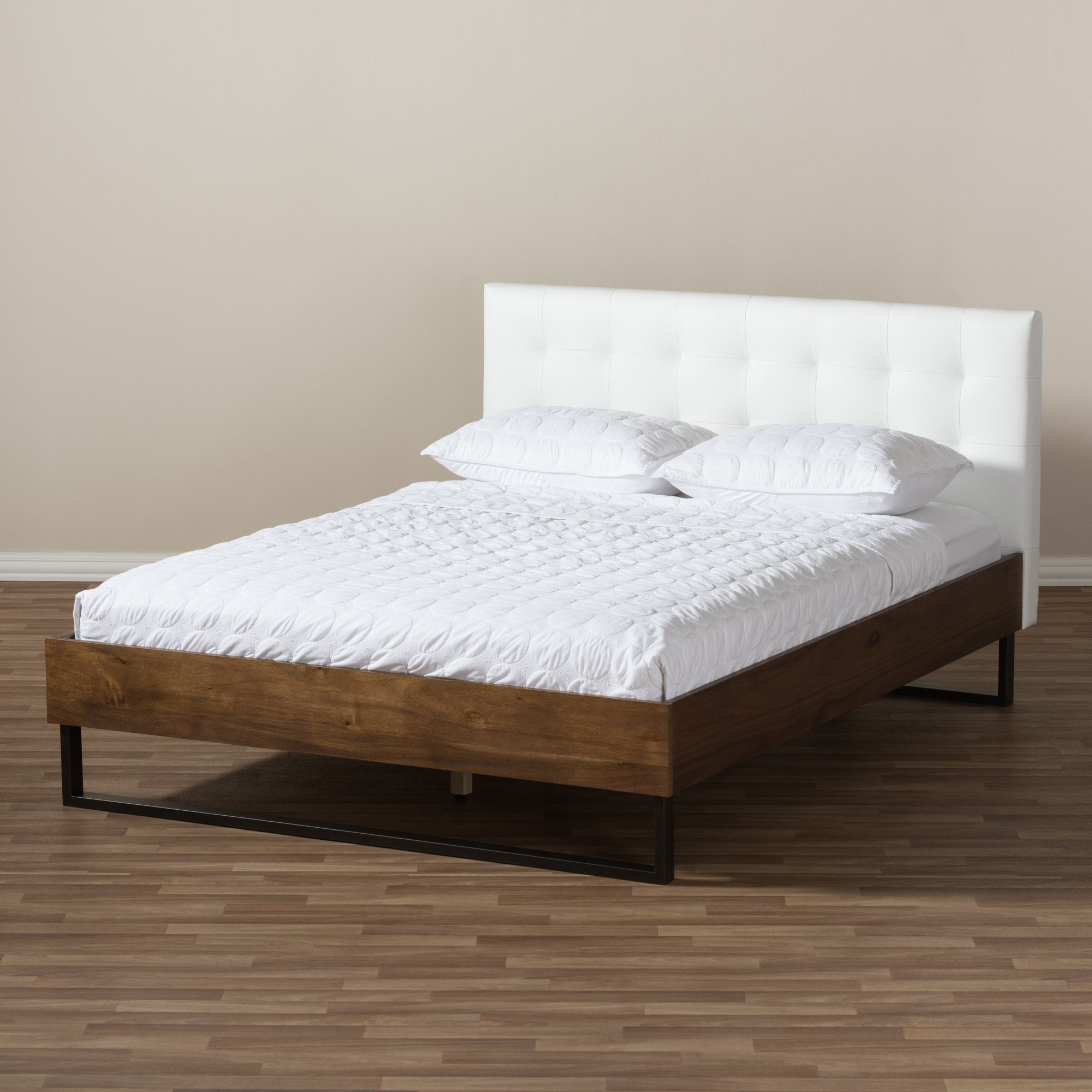 Baxton Studio Mitchell Rustic Industrial Walnut Wood White Faux Leather Dark Bronze Metal Full Size Platform Bed