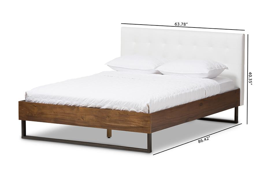 Baxton Studio Mitchell Rustic Industrial Walnut Wood White Faux Leather Dark Bronze Metal Full Size Platform Bed