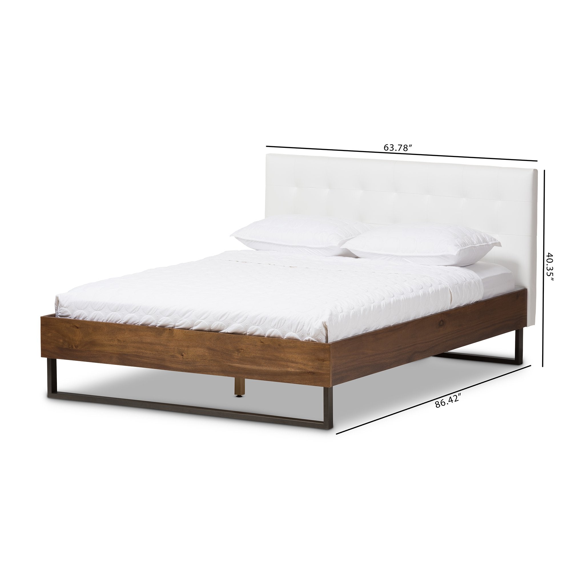 Baxton Studio Mitchell Rustic Industrial Walnut Wood White Faux Leather Dark Bronze Metal King Size Platform Bed