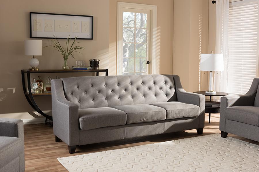 Baxton Studio Arcadia Modern and Contemporary Grey Fabric Upholstered Button-Tufted Living Room 3-Seater Sofa