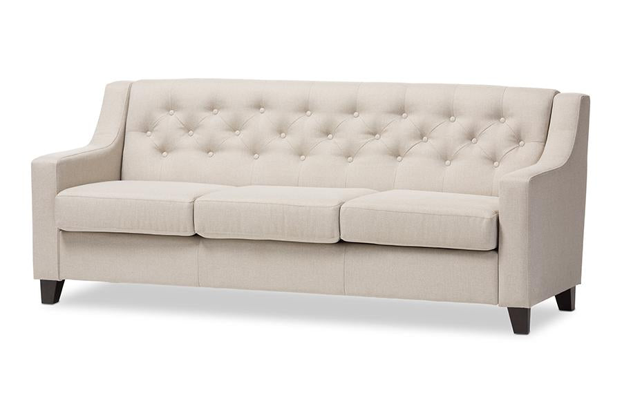 Baxton Studio Arcadia Modern and Contemporary Light Beige Fabric Upholstered Button-Tufted Living Room 3-Seater Sofa