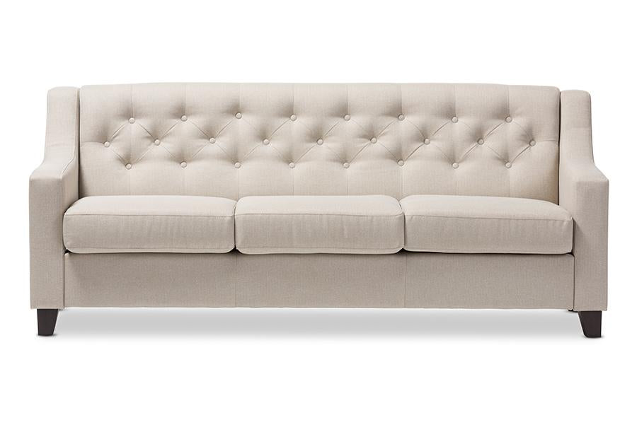 Baxton Studio Arcadia Modern and Contemporary Light Beige Fabric Upholstered Button-Tufted Living Room 3-Seater Sofa