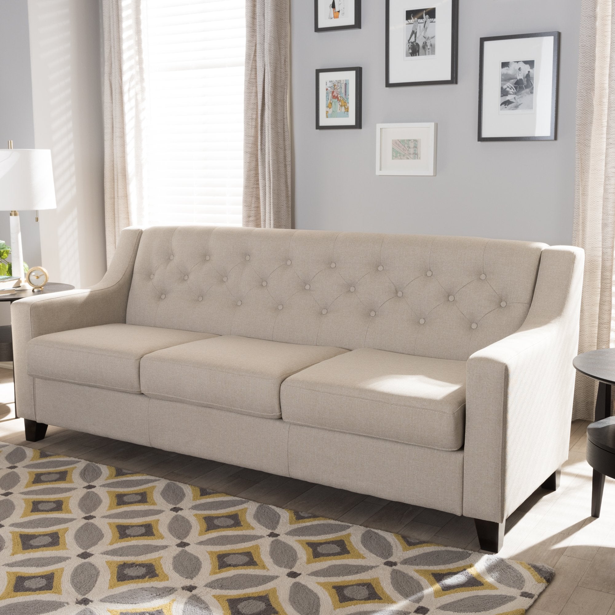 Baxton Studio Arcadia Modern and Contemporary Light Beige Fabric Upholstered Button-Tufted Living Room 3-Seater Sofa