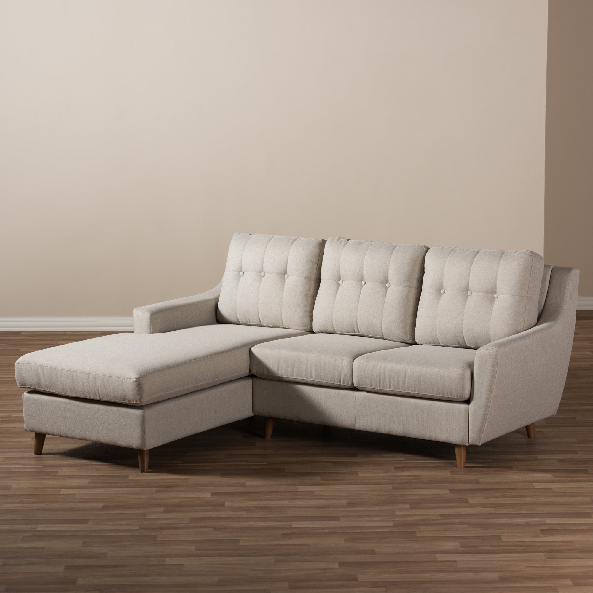 Baxton Studio Mckenzie Mid-Century Light Beige Fabric Button-Tufted 2-Piece Sectional Sofa