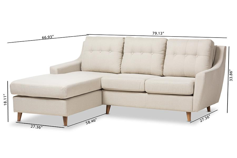 Baxton Studio Mckenzie Mid-Century Light Beige Fabric Button-Tufted 2-Piece Sectional Sofa