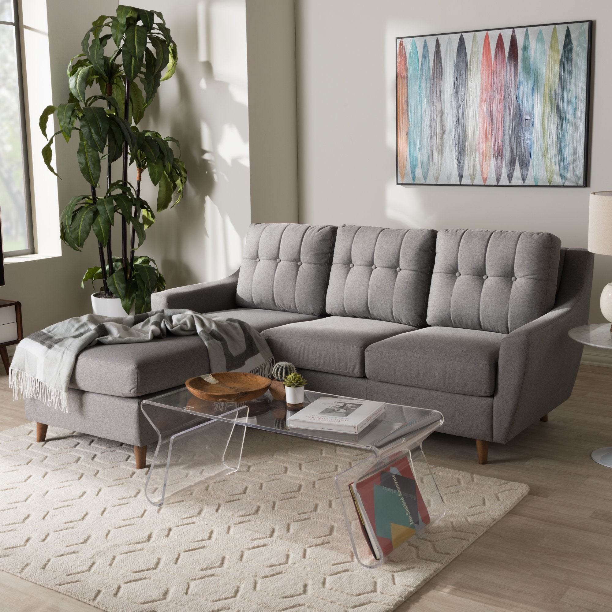 Baxton Studio Mckenzie Mid-Century Grey Fabric Upholstered Button-Tufted 2-Piece Sectional Sofa