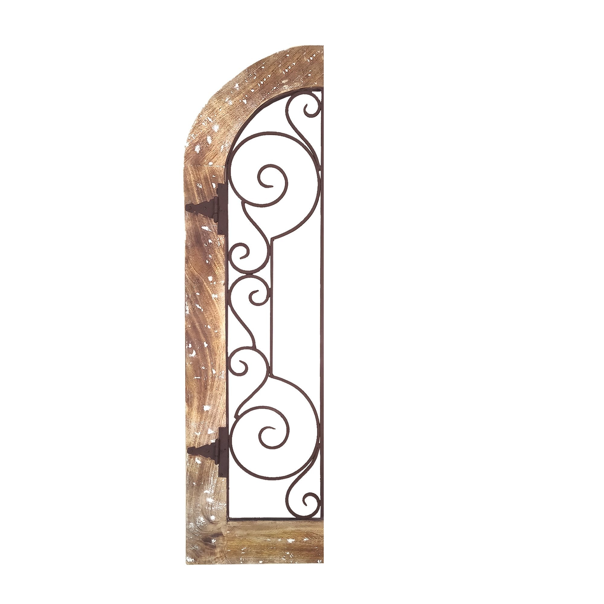 Arched Wooden Frame Wall Panel with Scrolled Metal Accents, Rustic Brown