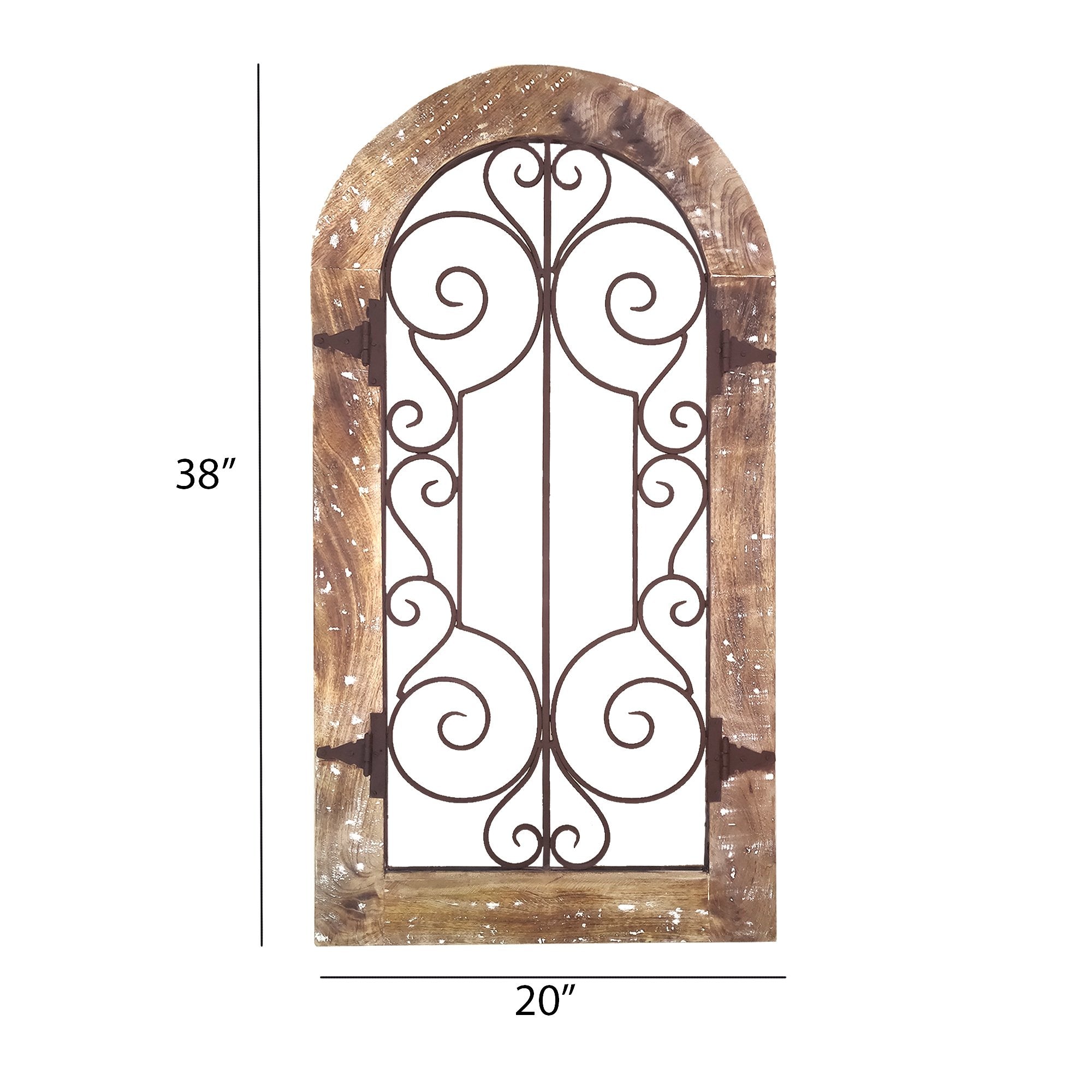 Arched Wooden Frame Wall Panel with Scrolled Metal Accents, Rustic Brown