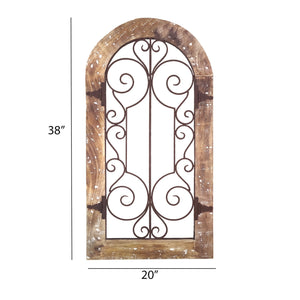 Arched Wooden Frame Wall Panel with Scrolled Metal Accents, Rustic Brown