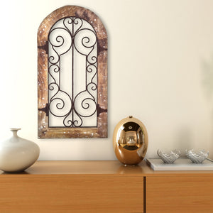 Arched Wooden Frame Wall Panel with Scrolled Metal Accents, Rustic Brown