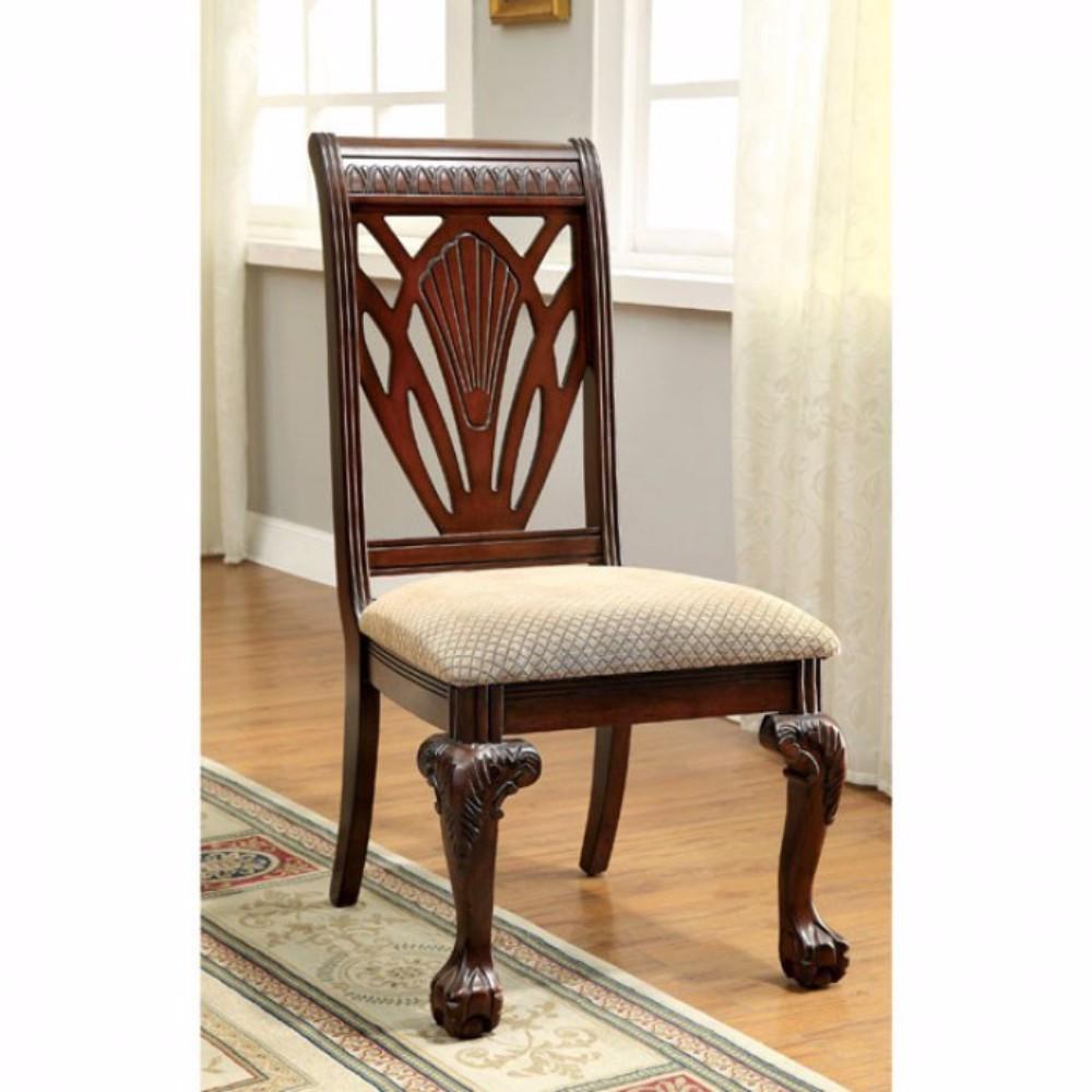 2 Piece Traditional Wooden Side Chair with Fabric Upholstered Seat, Brown and Beige