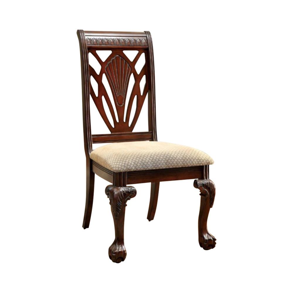 2 Piece Traditional Wooden Side Chair with Fabric Upholstered Seat, Brown and Beige