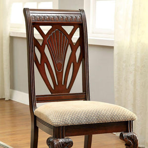 2 Piece Traditional Wooden Side Chair with Fabric Upholstered Seat, Brown and Beige