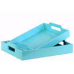 Wood Rectangular Serving Tray with Cutout Handles Set of 2 - Blue - Benzara