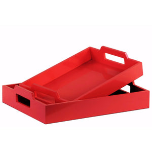 Wood Rectangular Serving Tray with Cutout Handles Set of 2 - Red - Benzara