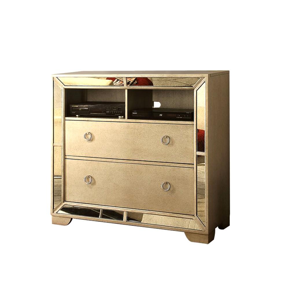 2 Drawers Wooden Media Chest With Loop Metal Handles, Gold