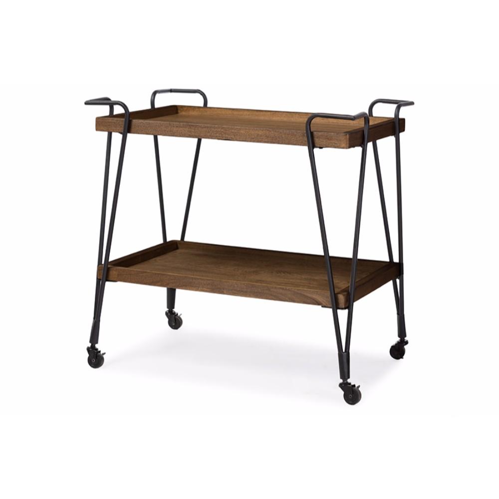 Ash Wood Mobile Serving Bar Cart, Brown And Black