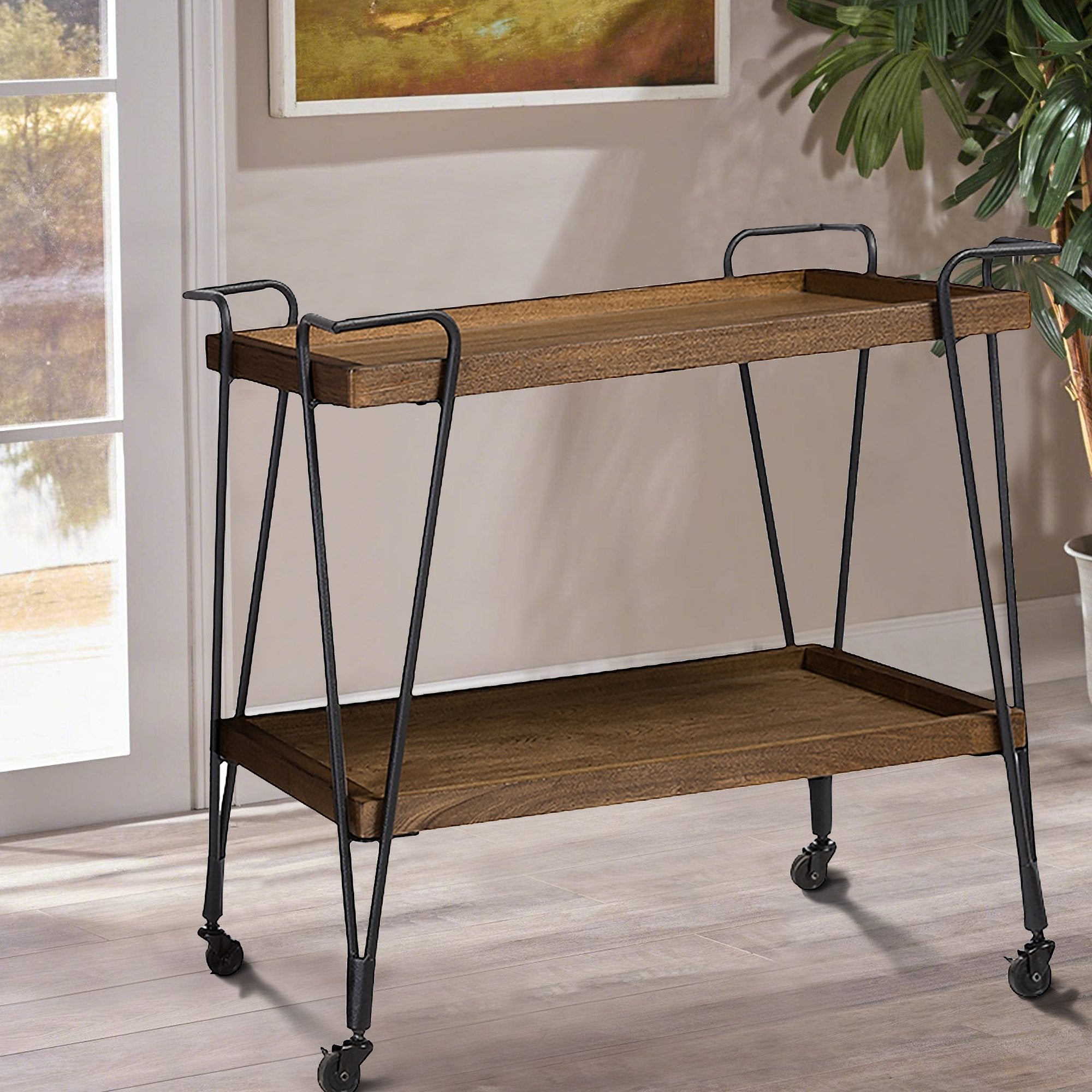 Ash Wood Mobile Serving Bar Cart, Brown And Black