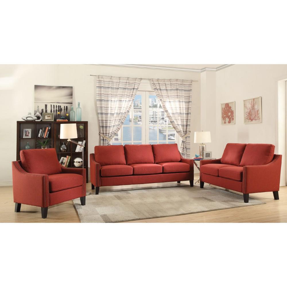 Wooden Frame Sofa In Red Linen Fabric